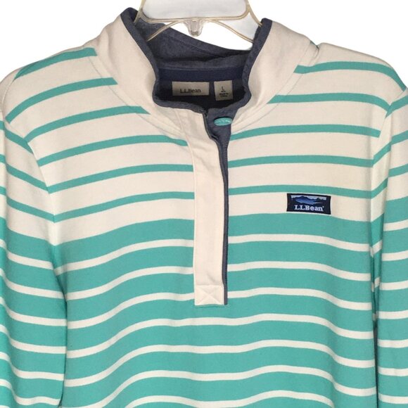 L.L.Bean Rugby Pullover Womens Large Green White Striped Henley Long Sleeve Top - Picture 16 of 16